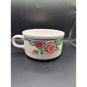 Vintage Century Japan Ceramic Soup Mug Floral Rose Design Blue White Accents